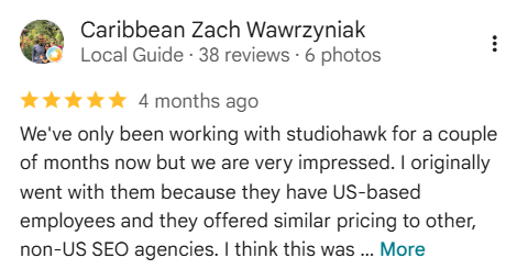 Five-star Google review of StudioHawk